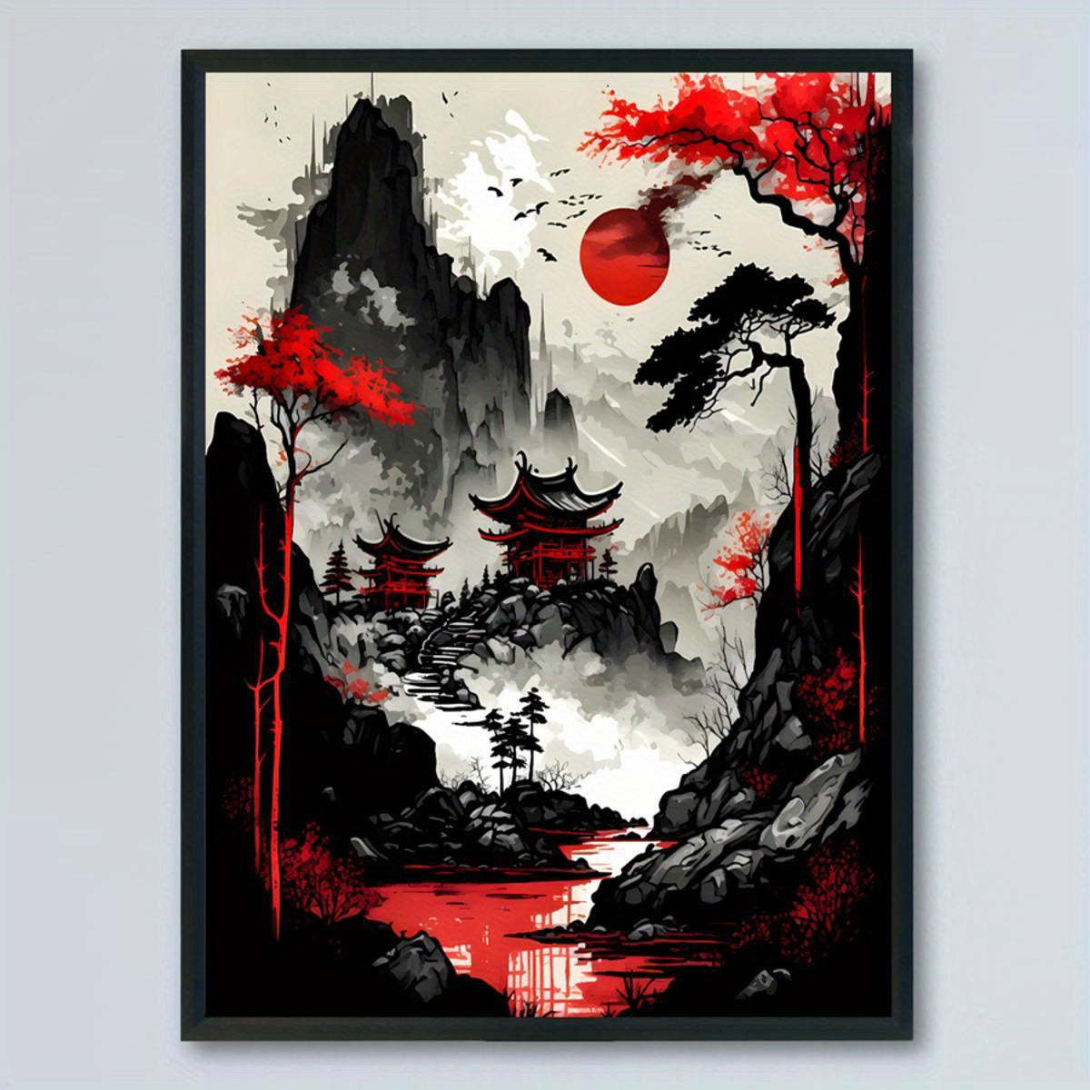 Red Moon Japan Landscape Canvas Art Print - FRAMELESS