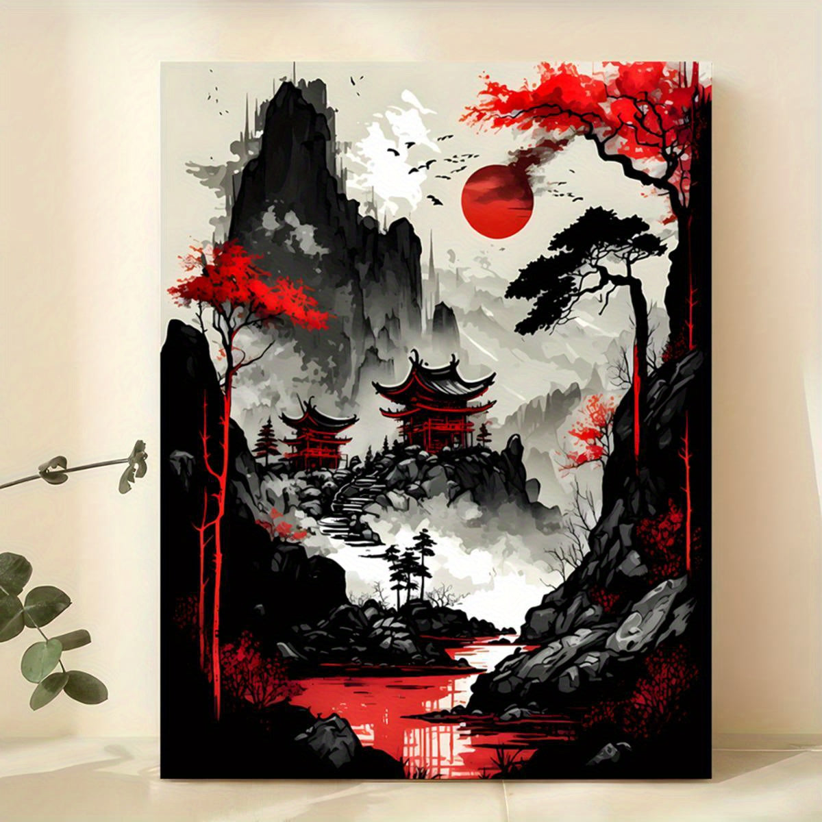 Red Moon Japan Landscape Canvas Art Print - FRAMELESS