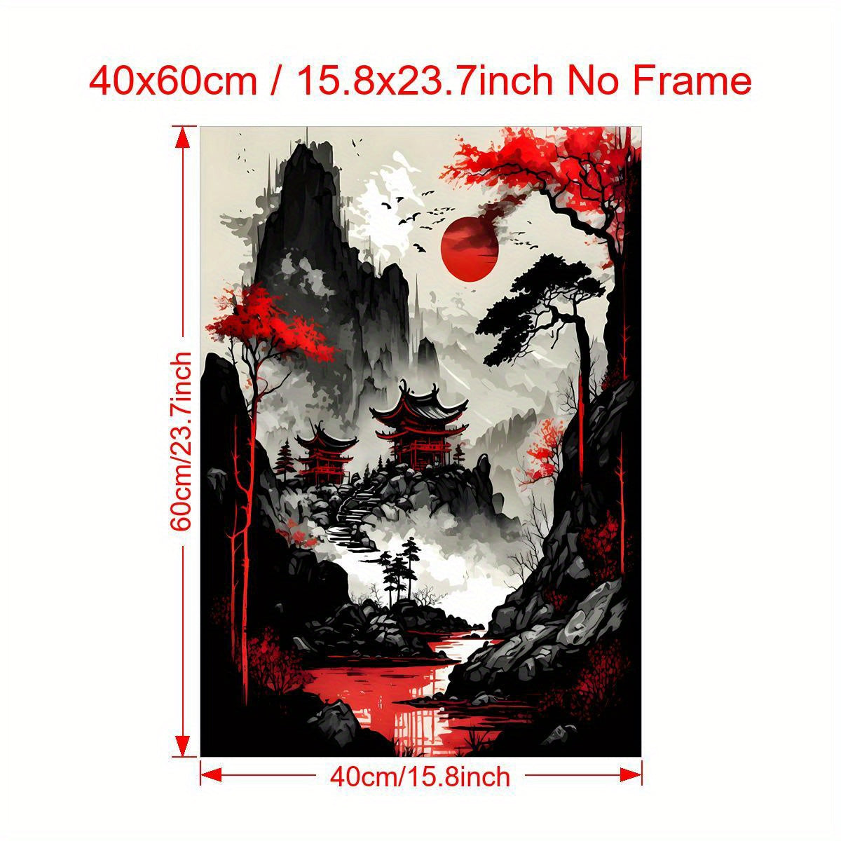Red Moon Japan Landscape Canvas Art Print - FRAMELESS