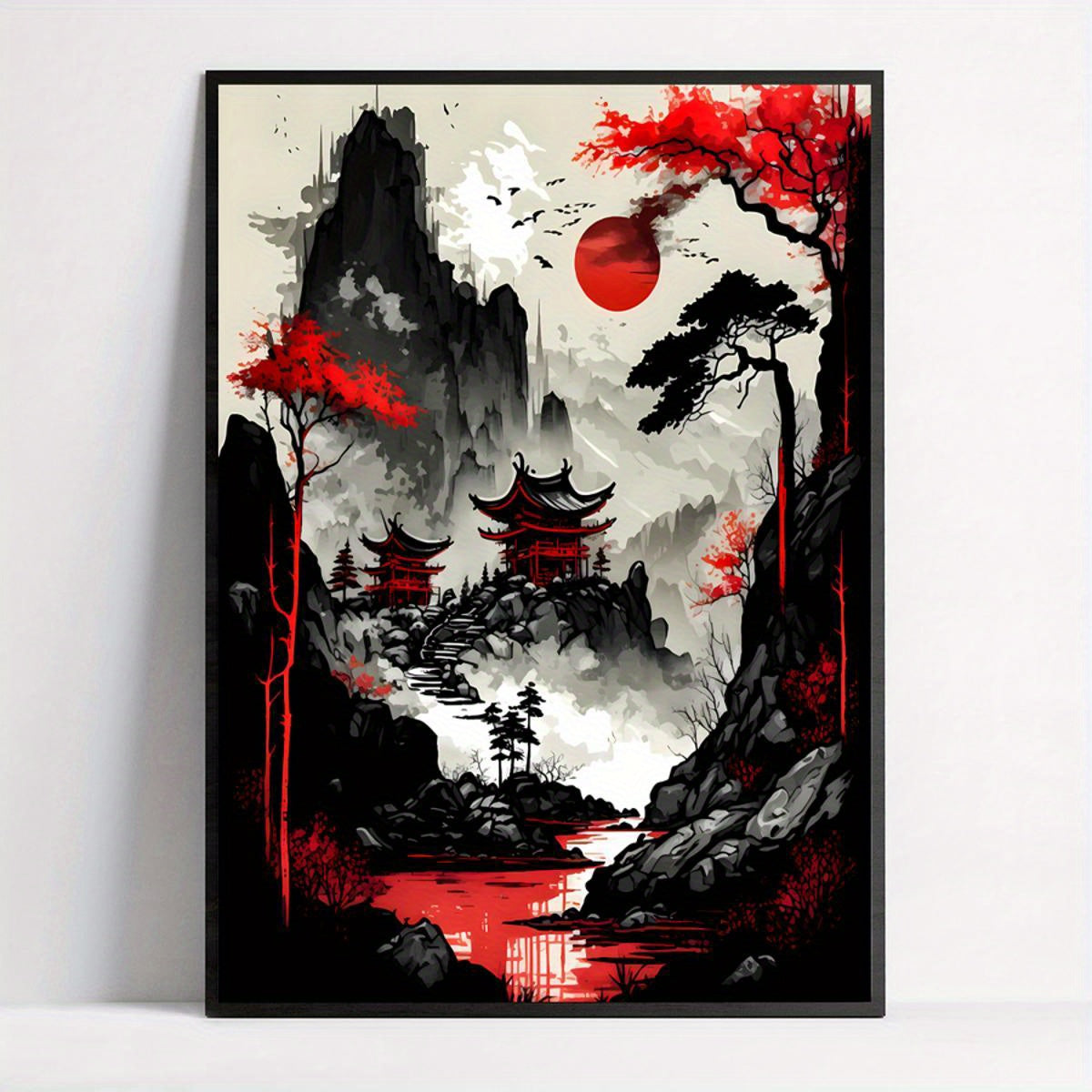 Red Moon Japan Landscape Canvas Art Print - FRAMELESS