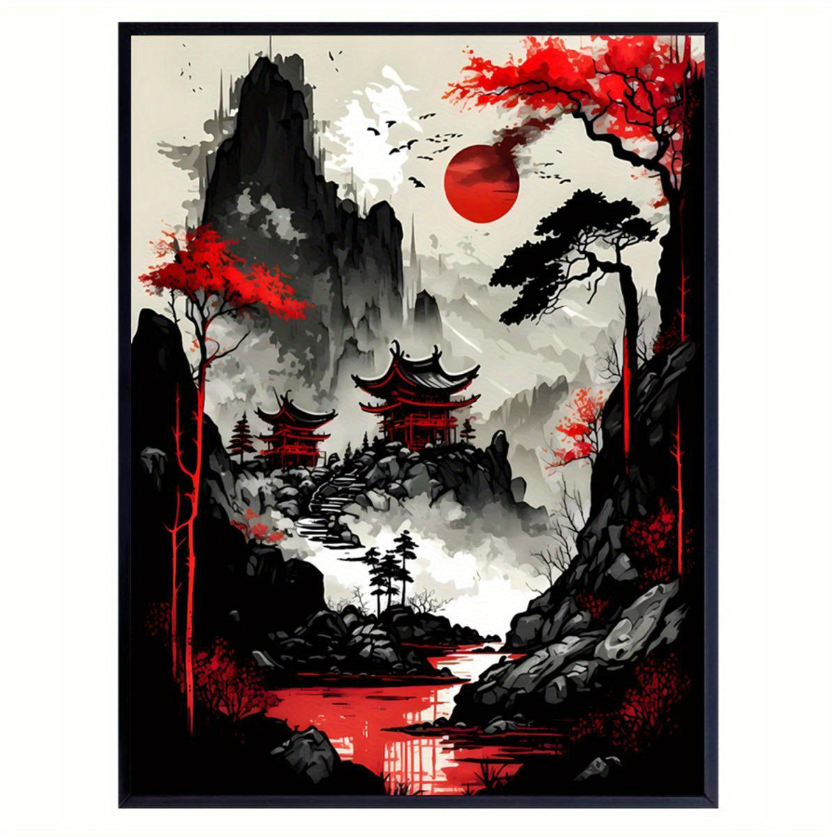 Red Moon Japan Landscape Canvas Art Print - FRAMELESS