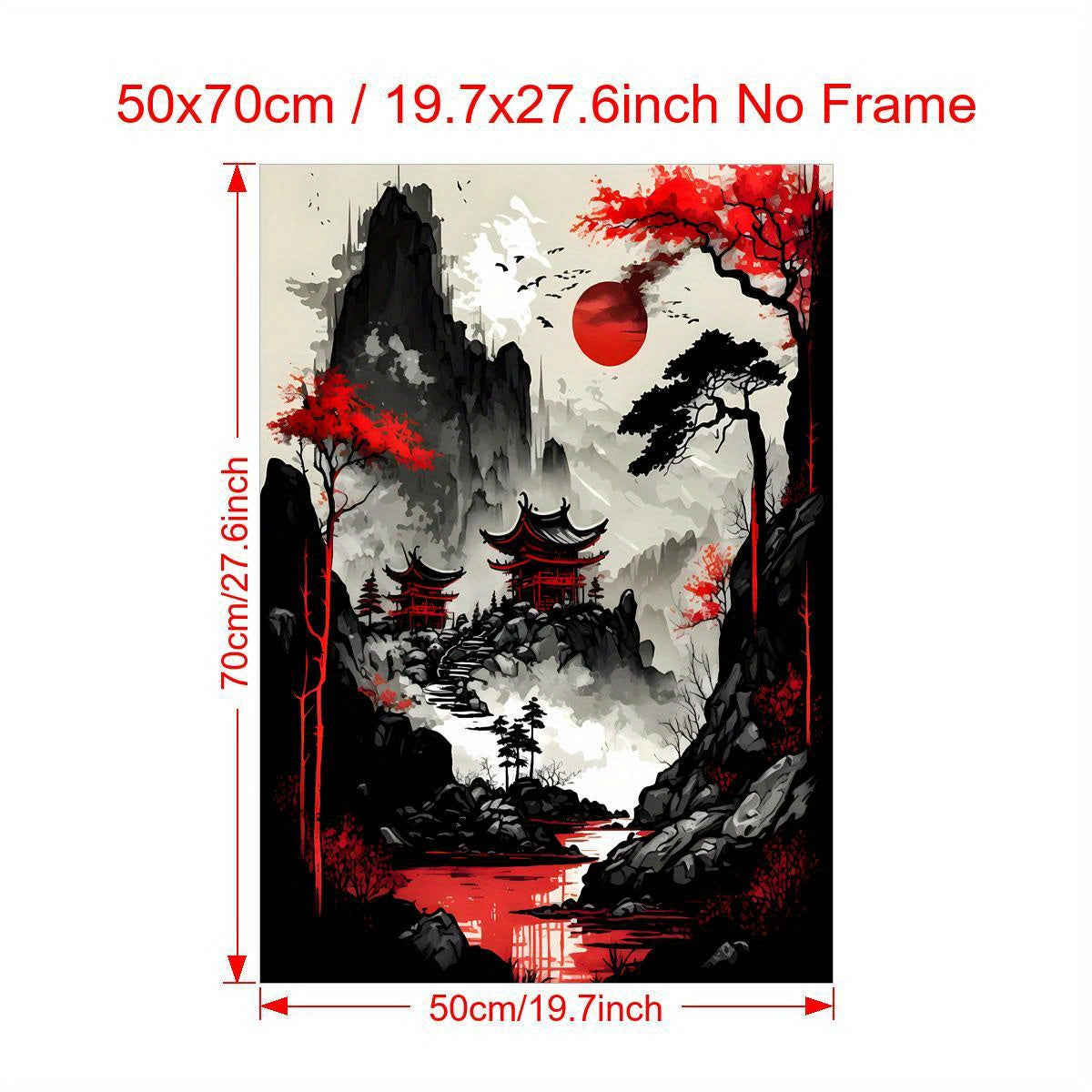 Red Moon Japan Landscape Canvas Art Print - FRAMELESS
